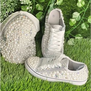 Rhinestone and pearl covered canvas sneakers